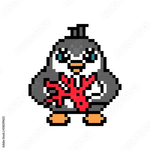 Fototapeta Penguin with a precious red coral, pixel art animal character isolated on white background. Old school retro 80s, 90s 8 bit slot machine, video game graphics. Cartoon mascot. Sea treasure gift.