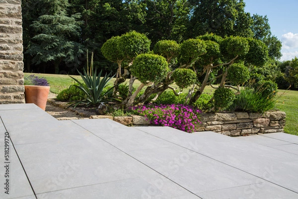 Fototapeta Modern garden design and landscaping:Hillside plot paved with natural sidewalk flagstones in contrast to a raised bed with virgon stone walls, planted with succulents, flowers and beautiful boxtrees