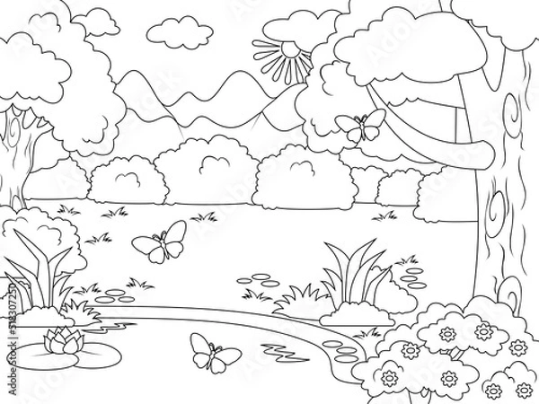 Fototapeta Forest glade with a river bank. Vector coloring book.