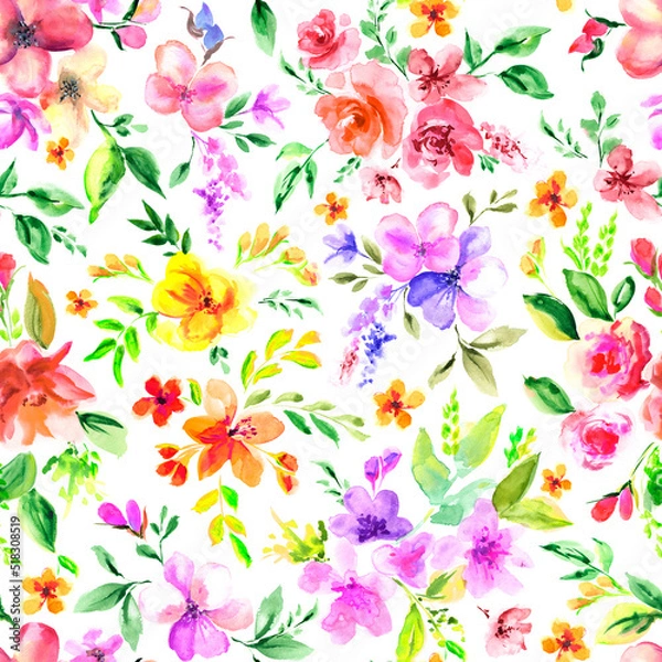 Fototapeta Small cute yellow red round flowers, seamless pattern for fabric, design for wallpaper