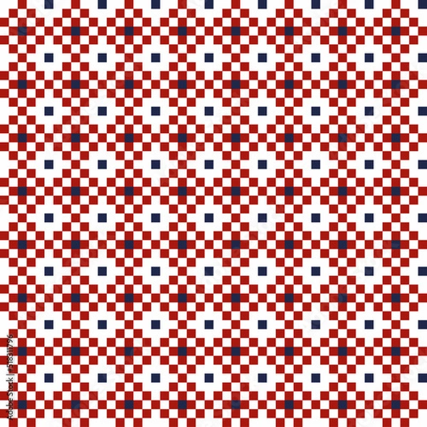 Fototapeta Rhomboid pixel pattern, red squares and blue dots, on whitr background