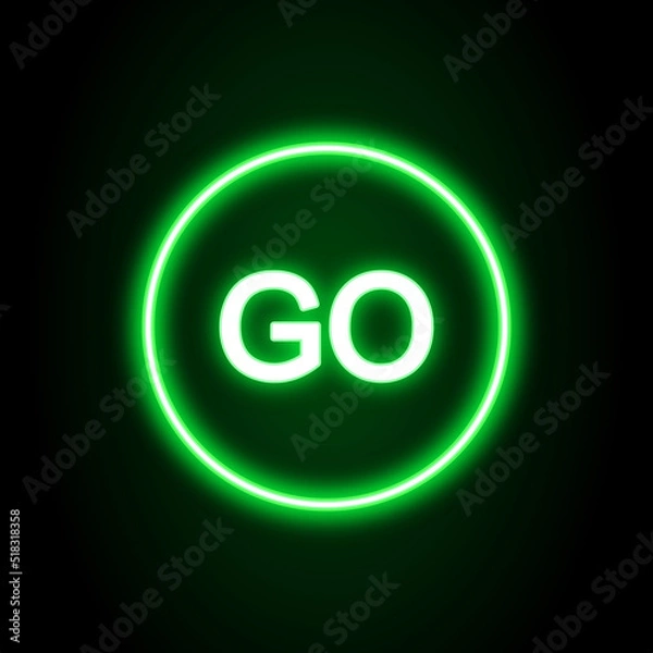 Fototapeta Glowing neon green go button sign on black background 
