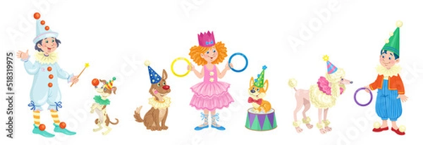 Fototapeta Three funny children in carnival costumes with trained dogs. In cartoon style. isolated on white background. vector illustration.