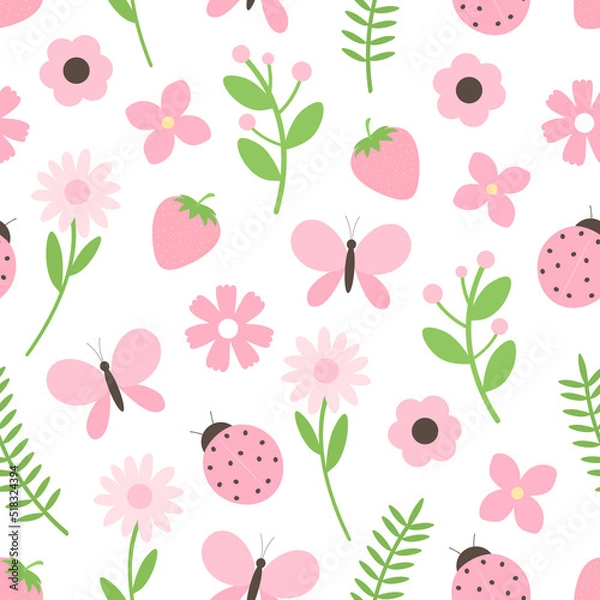 Fototapeta Seamless pattern ladybug butterflies  strawberry flowers vector illustration