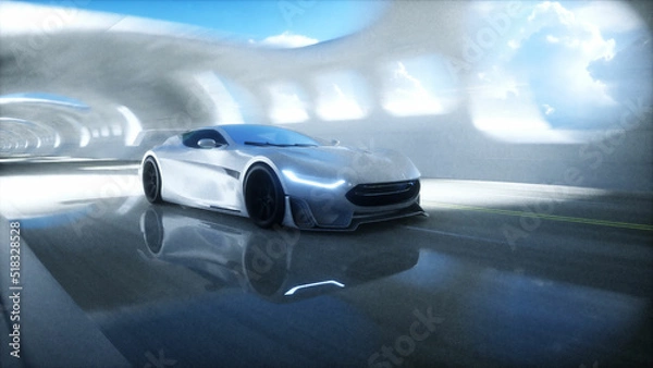 Fototapeta Futuristic sci fi tunnel. futuristic sport car. 3d rendering.