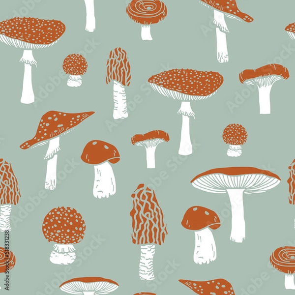 Fototapeta Amanita mushroom seamless pattern.Seamless pattern with mushrooms and floral elements. Mushrooms  in hand-drawn style. Creative autumn texture for fabric, wrapping, textile, wallpaper.
