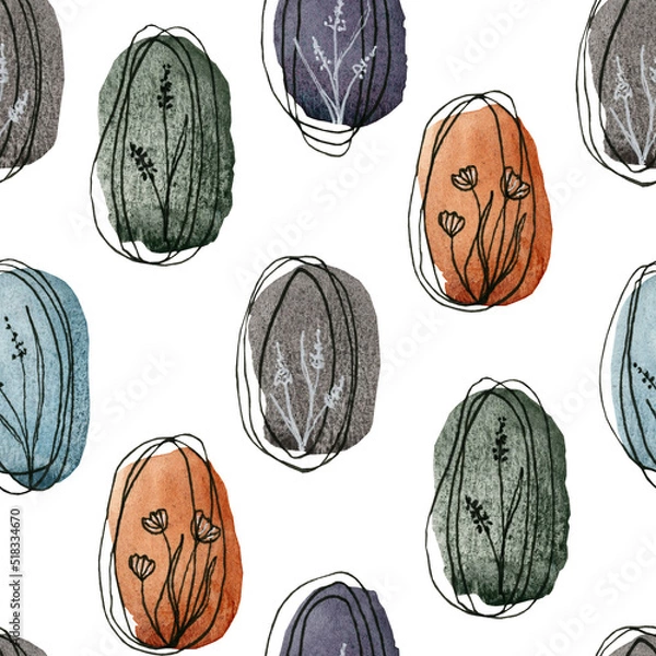 Obraz Pattern of colored ovals and plants, watercolor