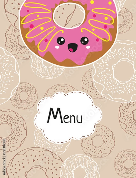 Fototapeta Poster design with funny donut. Kawaii style. Sweet food on beige  background. Cheerful pink donut for menu. Cover for coffee shop