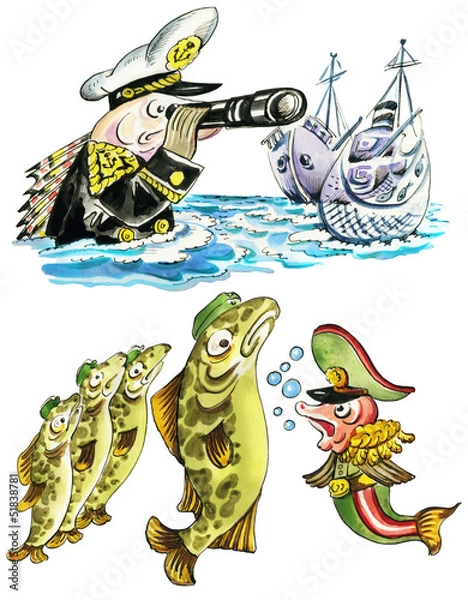 Fototapeta Funny cartoon military fishes in navy uniform