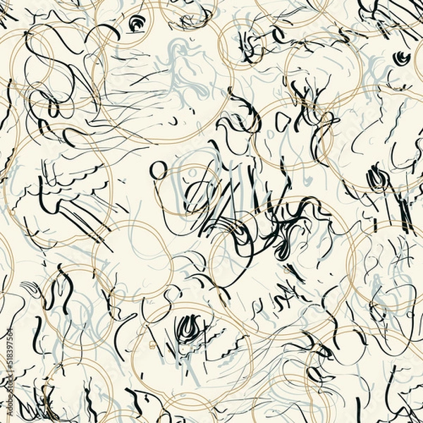 Obraz Colorful doodle seamless pattern with ink strokes and circles. Scratched background