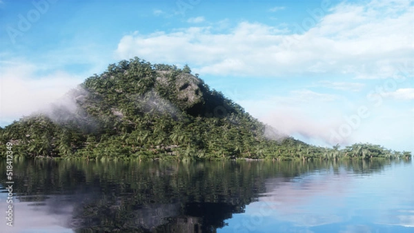 Fototapeta Fantasy island with skull mountain. airy concept. Dynamic trees. 3d rendering.