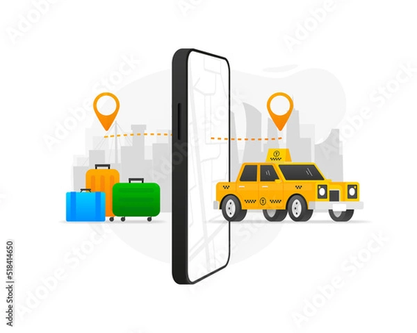 Fototapeta Get a taxi car in your device. Transportation of things from point A to point B. Taxi service. Vector illustration.