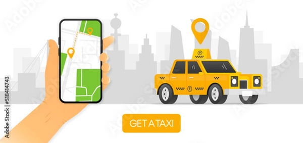 Fototapeta The hand holds a phone with an application for ordering a taxi. Order a taxi. Gps tracking. Vector illustration.