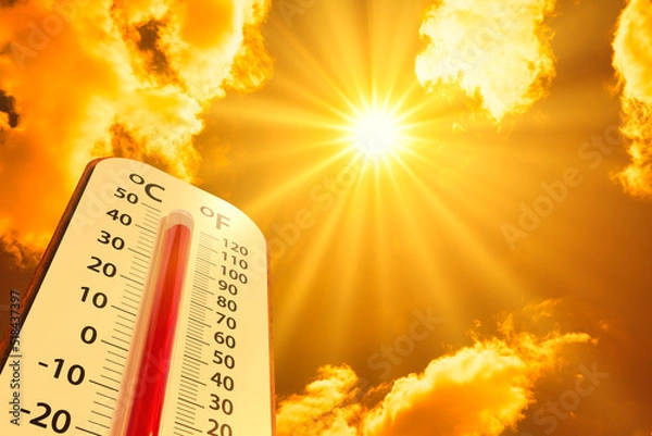 Fototapeta Gorąca temperatura, termometr na żółtym niebie z świecącego słońcem Latem pokazują wyższą pogodę, koncepcja globalne ocieplenie