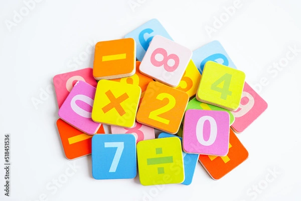 Fototapeta Number wood block cubes for learning Mathematic, education math concept.