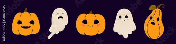 Obraz Set of orange pumpkins and ghosts for Halloween. Cute cartoon creepy characters. Cute and sad monster, funny and surprised pumpkin. Vector illustration.