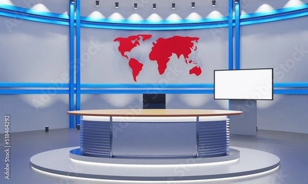 Fototapeta wood table and lcd background in the news studio room.3d rendering.