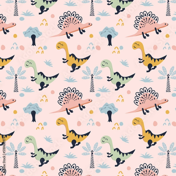 Obraz Hand Drawn Dinosaur Digital Paper Colorful Seamless Pattern