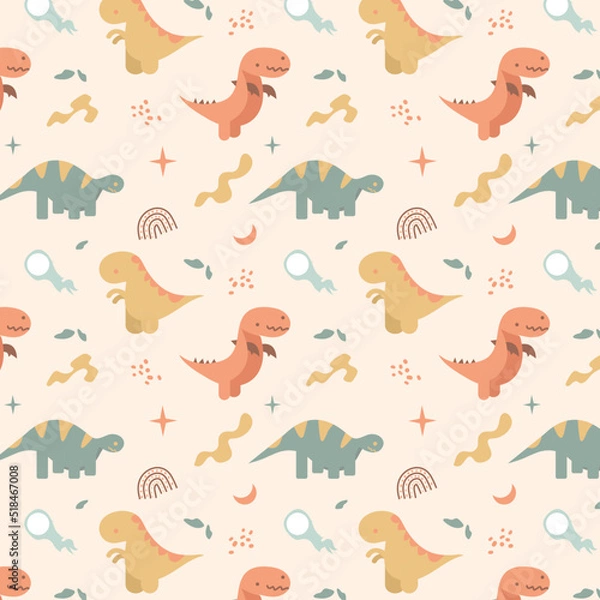 Fototapeta Childish Cute Dino Digital Paper Seamless Background with Retro Style