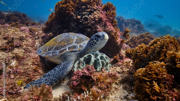 Obraz Wild Green Sea Turtle posing for a portrait sitting on a coral reef