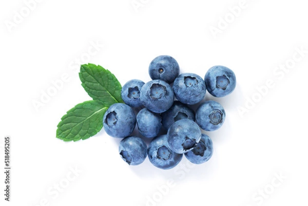 Obraz Fresh blueberry with leaves isolated on white background