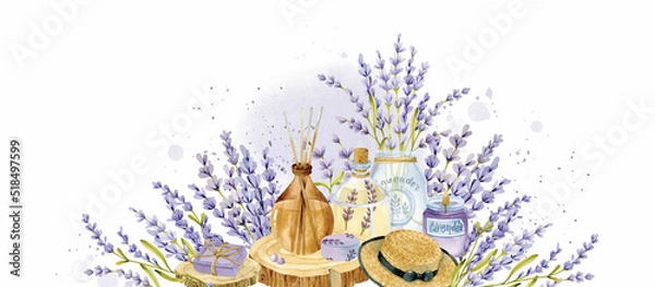 Obraz Watercolor floral banner with spa elements and lavender bouquets