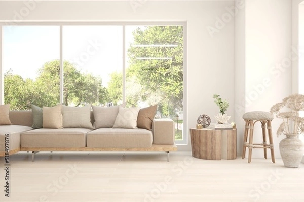 Fototapeta White living room with sofa and summer landscape in window. Scandinavian interior design. 3D illustration