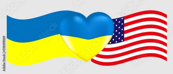 Fototapeta Vector drawing volume heart in the colors of the Ukrainian flag and flags of Ukraine and America