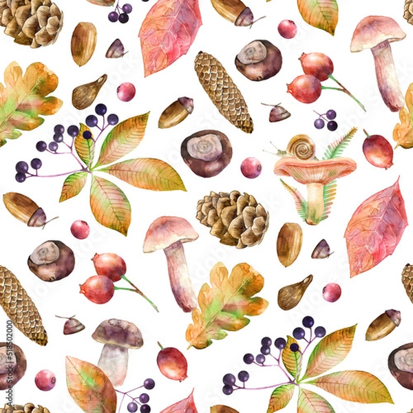Obraz Seamless pattern with watercolor illustrated mushrooms, leaves, berries, chestnuts and cones. Hand drawn fall elements. Autumn background for packaging, invitation and greeting card.