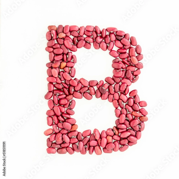 Fototapeta Capital letter B from red kidney beans. Beans font. White background. Bright font for menu or food blog. Lettering design element. Initial cap