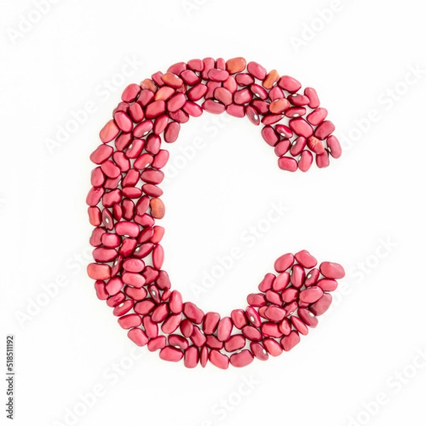 Fototapeta Capital letter C from red kidney beans. Beans font. White background. Bright font for menu or food blog. Lettering design element. Initial cap