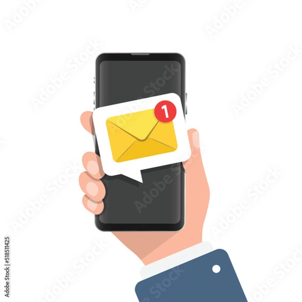Fototapeta Hand holding smartphone icon in flat style. Incoming message vector illustration on isolated background. Email notification sign business concept.