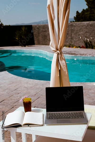 Obraz pool office, working from home, laptop, notebook and cool drink