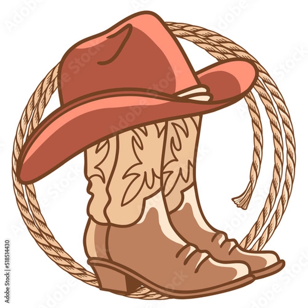 Fototapeta Cowboy paper background for text. Vector western illustration with cowboy boots and hat and lasso on wood texture.