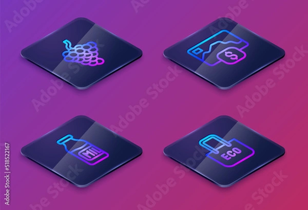 Fototapeta Set Isometric line Grape fruit, Bottle with milk, Credit card and Shopping bag recycle. Blue square button. Vector