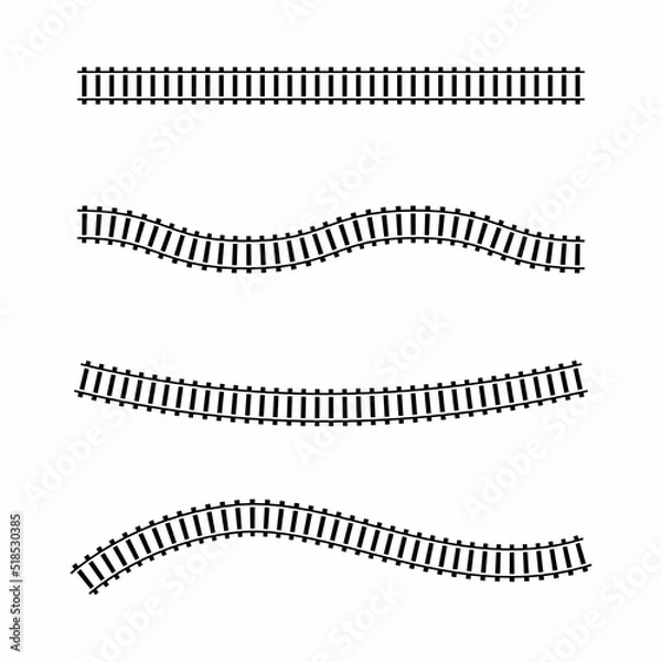 Fototapeta Vector illustration of curved railroad isolated on white background. Straight and curved railway train track icon set. Top view railroad train pathes. 
