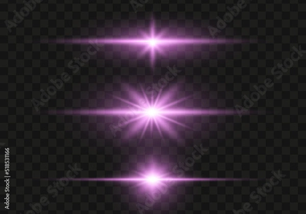 Obraz Set of bright purpur flashes, lights and sparks on a transparent background. Abstract flash with glowing line, sunrise, shining stars. Ray shining border. Vector illustration