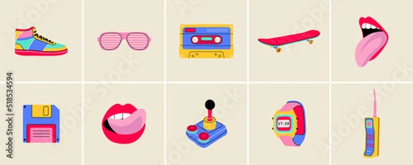 Obraz Classic 80s 90s elements in flat line style. Hand drawn vector illustration: skate board, cassette, sneaker, sunglasses, mouth with tongue, floppy disk, watches, phone. Fashion patch, badge, emblem.