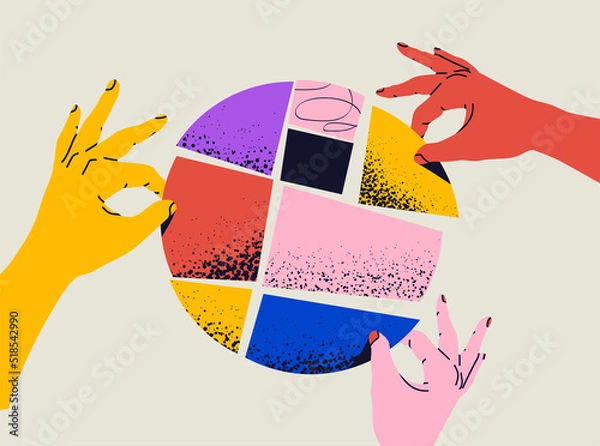 Fototapeta Team work or collaboration or partnership concept illustration with the hands are put together parts of abstract round shape. Vector illustration