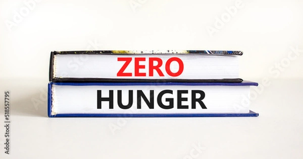 Fototapeta Zero hunger symbol. Concept words Zero hunger on books on a beautiful white table white background. Business, support and Zero hunger concept. Copy space.