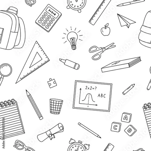 Fototapeta Seamless pattern with line school supplies. Background to school elements. Stationery on a white background. Ruler, pencil, markers and felt-tip pens. Education, back to school