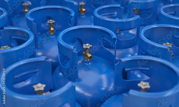 Obraz Blue gas cylinders close-up, 3d render