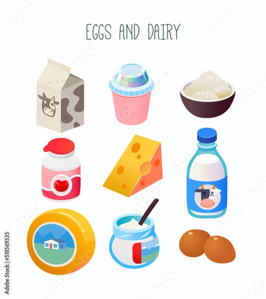 Obraz Collection of goods from dairy department of a grocery store or online  marketplace. Isolated vector illustration with group of milk, cheese, yogurt and eggs.