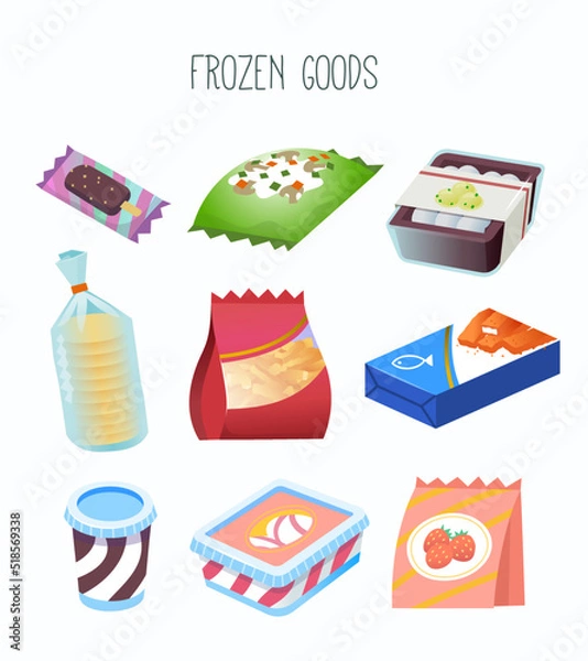 Fototapeta Collection of goods and frozen food section of a grocery store or online  marketplace. Isolated vector illustration with  fruit and vegetables, pancakes ice cream and pizza.