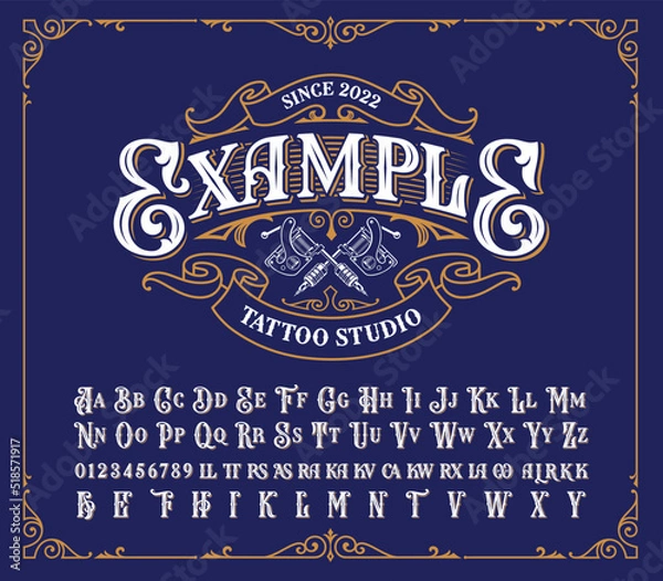 Obraz Vintage Tattoo Studio logo template with alphabet 