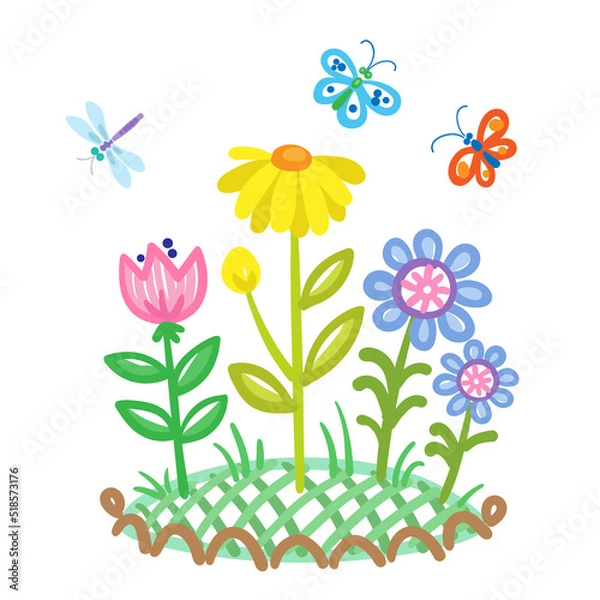 Fototapeta Children's drawing. Bright butterflies and flowers in a flower bed. In cartoon style. Isolated on white background. Vector flat illustration