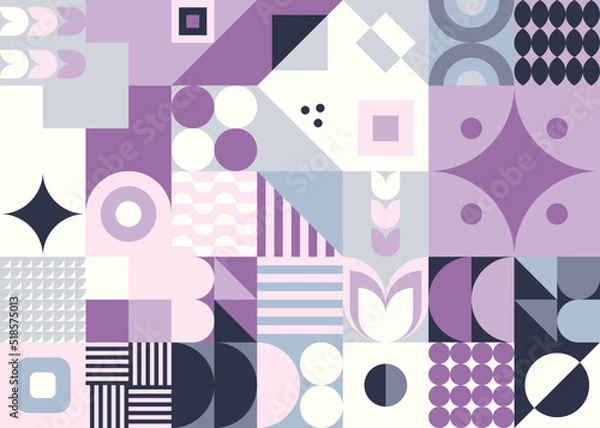 Fototapeta Geometryczna kompozycja - kolorowa mozaika z kolorem różowym, granatowym, szarym i ecrue. Powtarzający się wzór w stylu bauhaus do zastosowania jako tło do projektów.