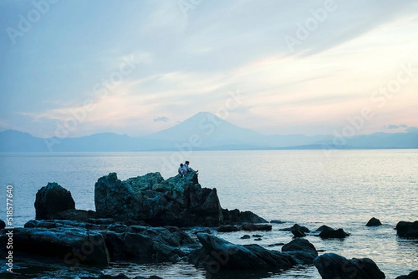 Obraz 岩場、富士山、海