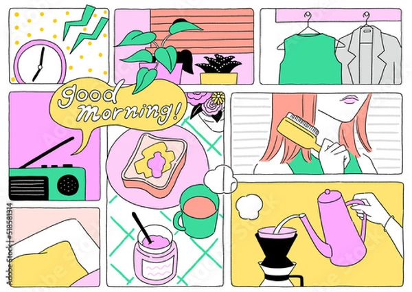 Fototapeta 若い女性もモーニングーティン　コミック風ベクターイラスト