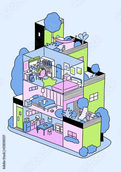 Obraz マンションで生活する人々のイラスト　ベクター